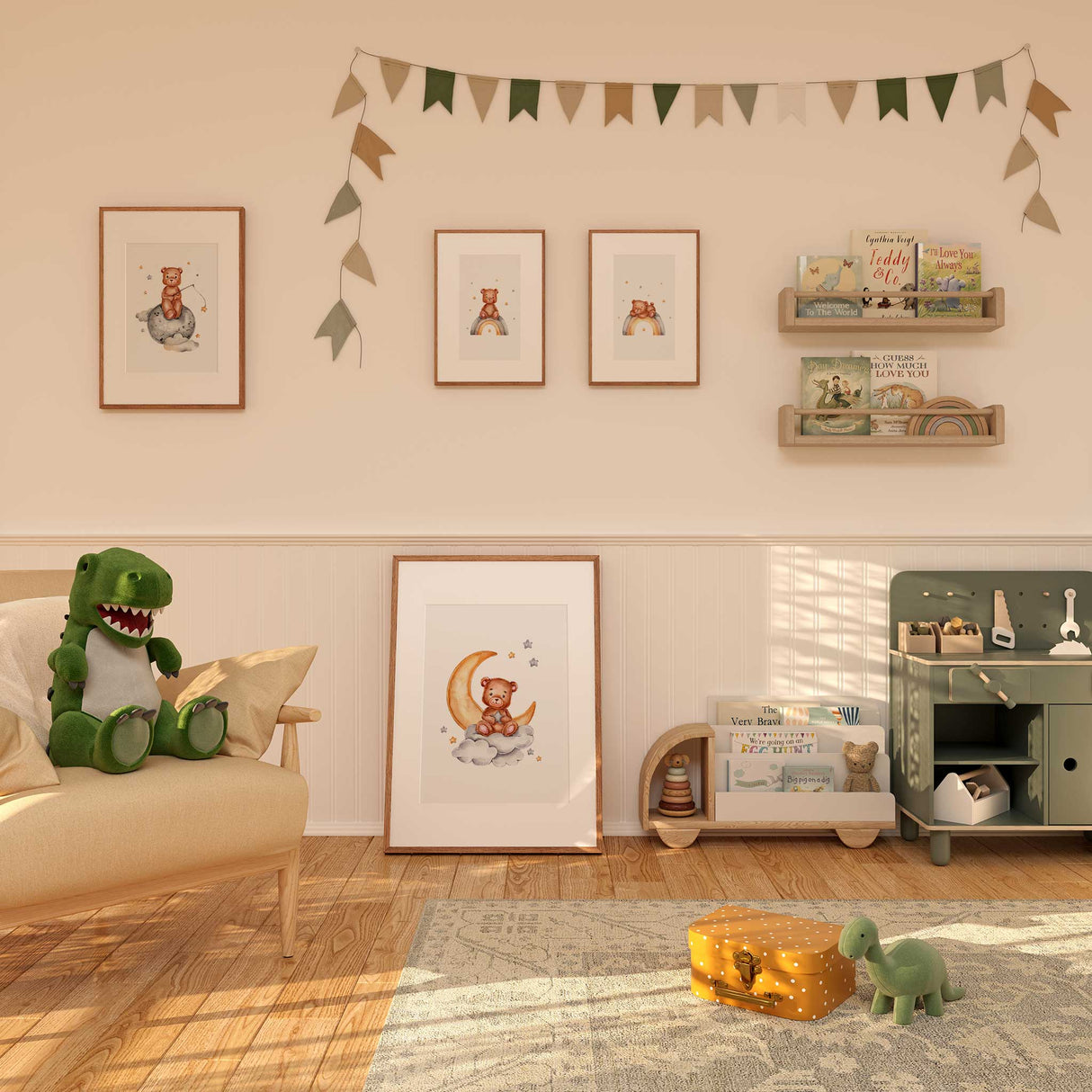 Neutral space teddy baby nursery decor set with moon stars rainbow artwork