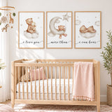 Three neutral teddy bear prints showing a bunny hug, a bear on a crescent moon and a sleeping bear on a cloud.