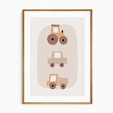 Neutral vehicle nursery print with a tractor, car and truck stacked over a rounded beige shape on an off-white background.