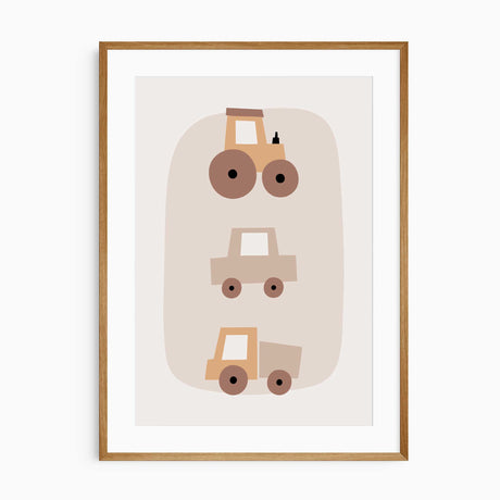 Neutral vehicle nursery print with a tractor, car and truck stacked over a rounded beige shape on an off-white background.
