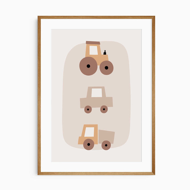 Neutral vehicle nursery print with a tractor, car and truck stacked over a rounded beige shape on an off-white background.