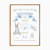 Blue personalised newborn wall art featuring bunny illustration, foliage detail and full birth stats for boys nursery decor.