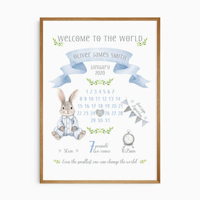 Blue personalised newborn wall art featuring bunny illustration, foliage detail and full birth stats for boys nursery decor.