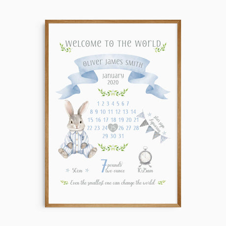 Blue personalised newborn wall art featuring bunny illustration, foliage detail and full birth stats for boys nursery decor.