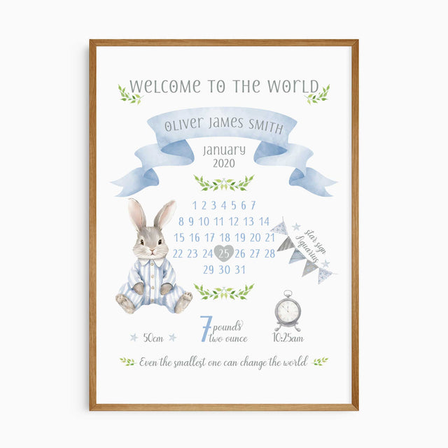Blue personalised newborn wall art featuring bunny illustration, foliage detail and full birth stats for boys nursery decor.