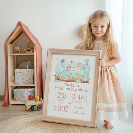 Soft ocean animal birth announcement artwork