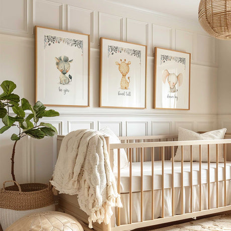 Nursery animal print set of 3 with soft neutral baby animal artwork