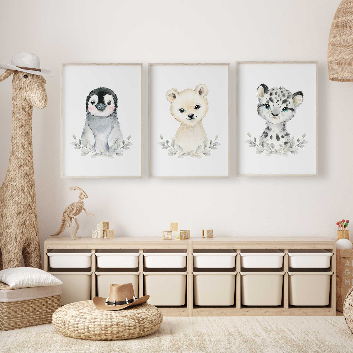 Nursery animal prints set of three with gentle baby animal illustrations