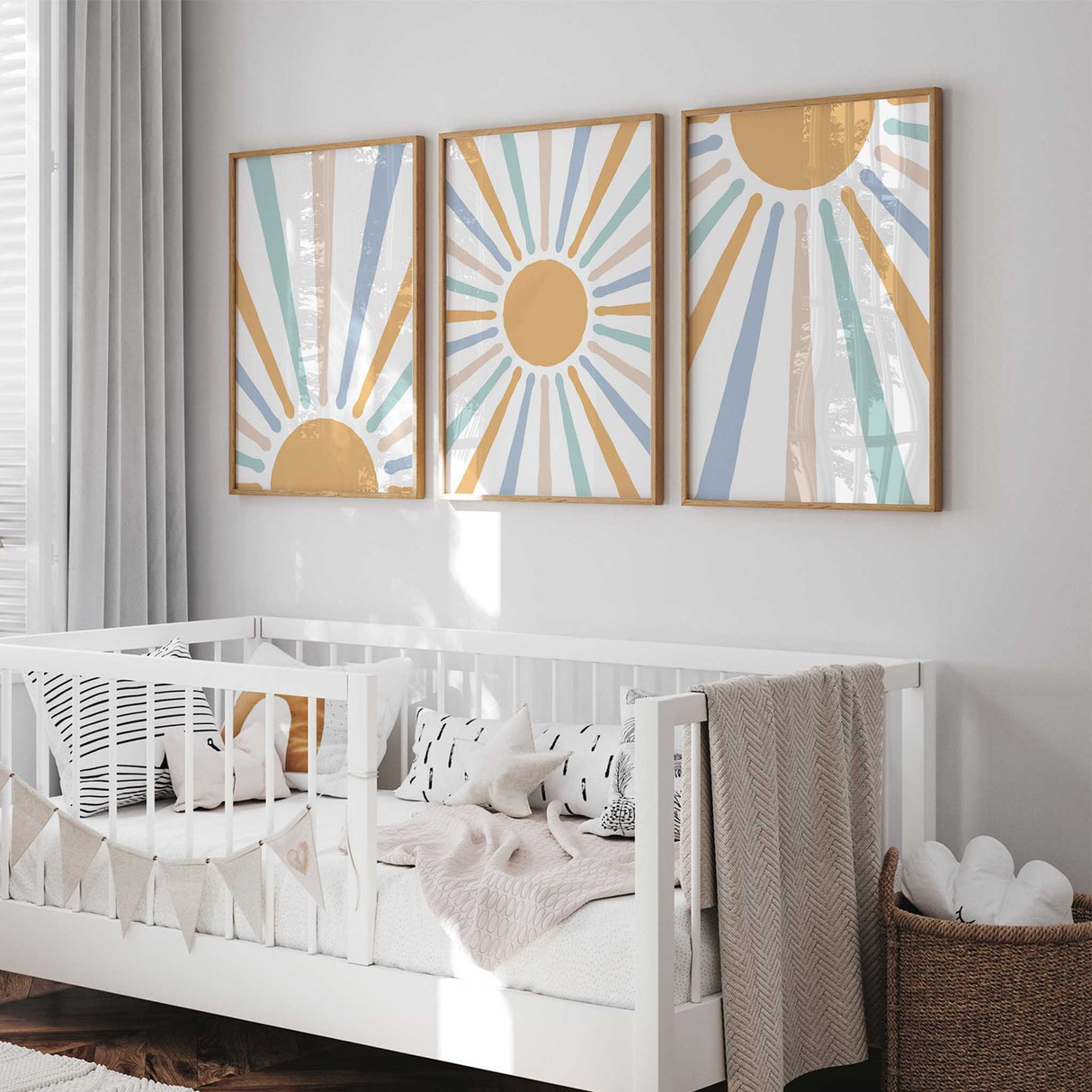 Modern abstract sunburst print, perfect for nursery decoration.