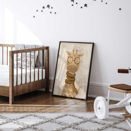 Neutral giraffe print for nursery decor with friendly animal illustration