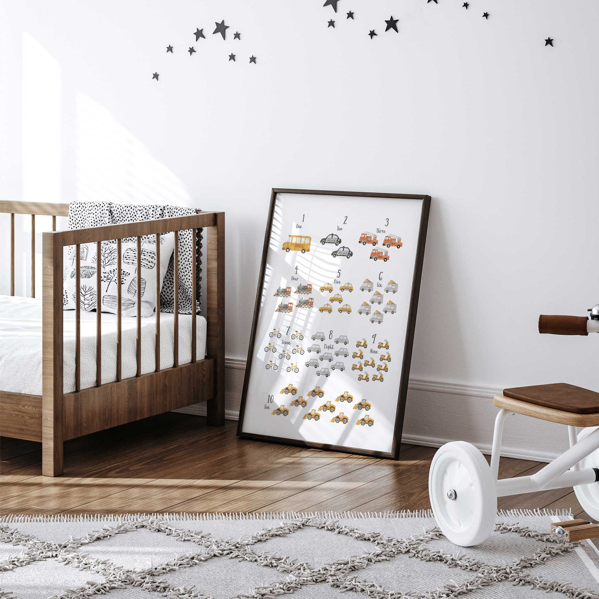 nursery numbers wall art with watercolour transport vehicles