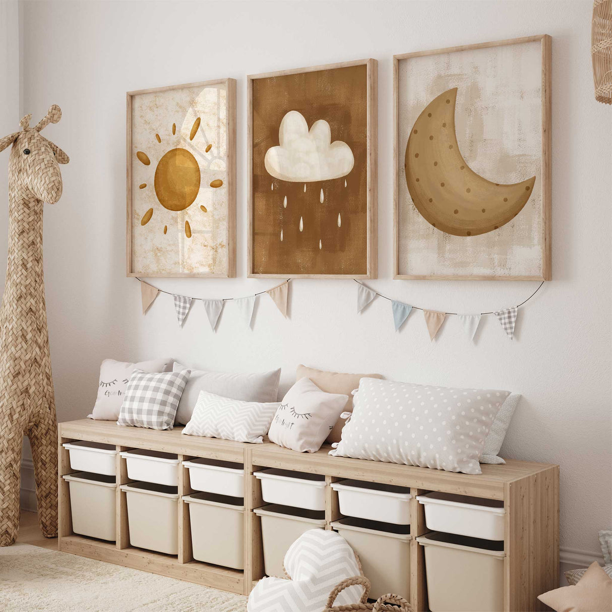 Modern nursery print set of sun, moon, and cloud illustrations in neutral beige and brown.