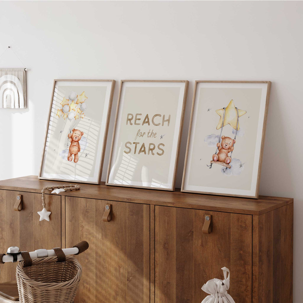 Nursery quote wall art set with teddy bear watercolour prints