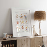 Nursery rhyme kids room decor with vintage watercolour characters and simple positive affirmations for children.