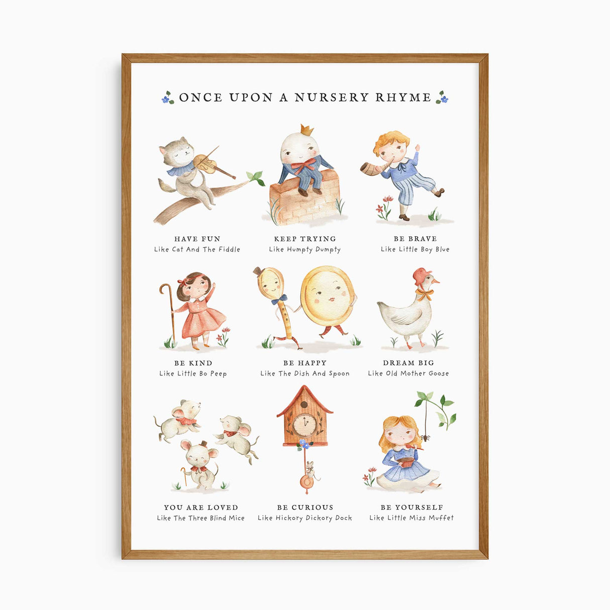 Classic nursery rhyme wall art print with positive affirmations for a baby nursery or young child’s bedroom.