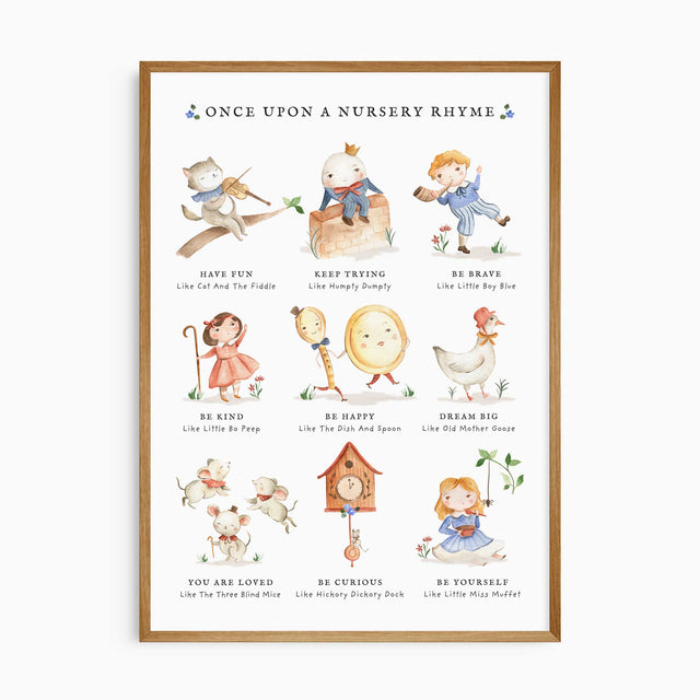 Classic nursery rhyme wall art print with positive affirmations for a baby nursery or young child’s bedroom.
