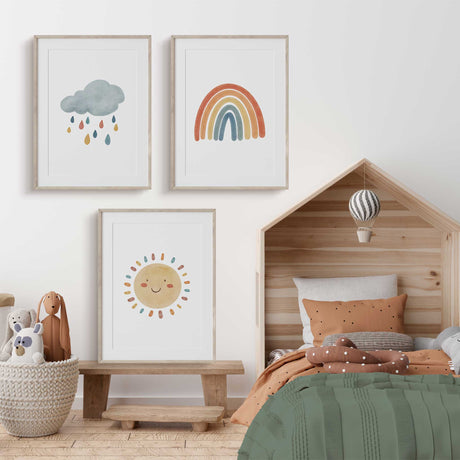Nursery wall art set of sun, rainbow, and cloud prints for children’s rooms