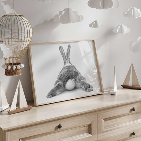 Nursery wall decor print showing bunny from behind