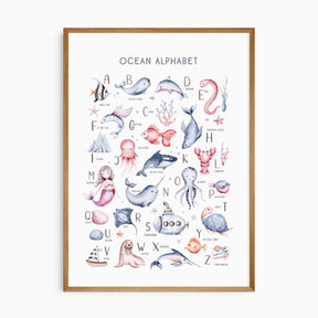 A poster with the title 'Ocean Alphabet' featuring hand-drawn letters of the alphabet with various sea life creatures illustrated alongside each letter.