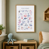 Ocean Alphabet print featuring A to Z sea animals, from angelfish and dolphins to a narwhal, octopus and sea turtle, in soft watercolour illustration