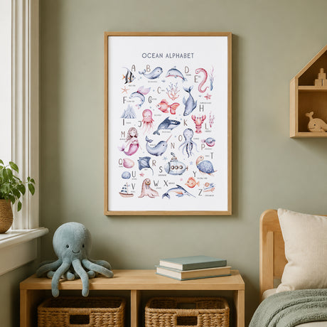 Ocean Alphabet print featuring A to Z sea animals, from angelfish and dolphins to a narwhal, octopus and sea turtle, in soft watercolour illustration