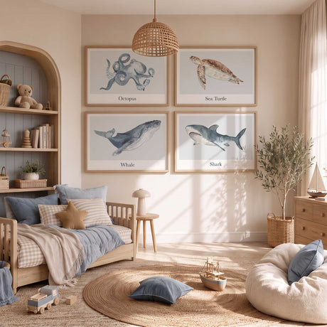 Four labelled watercolour ocean animal prints showing an octopus, sea turtle, whale and shark in soft blue-grey and brown tones