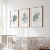 Turtle octopus and whale artwork in soft blue tones