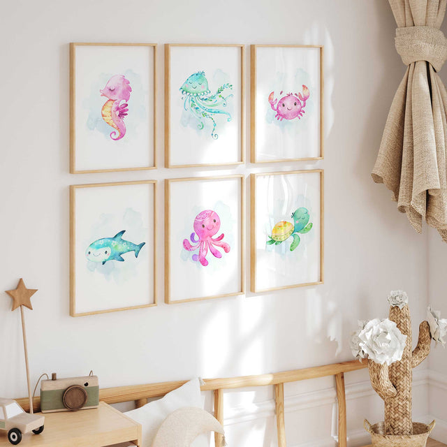 Ocean animals wall art set of six prints