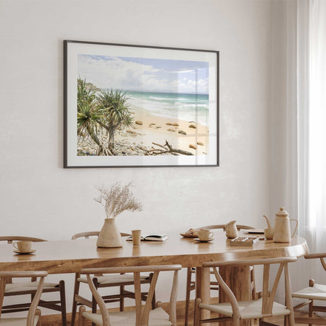 Ocean beach wall art photography with waves and coastal plants