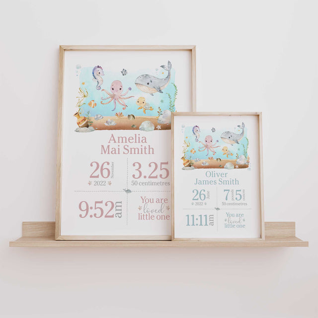 Watercolour undersea birth stats print