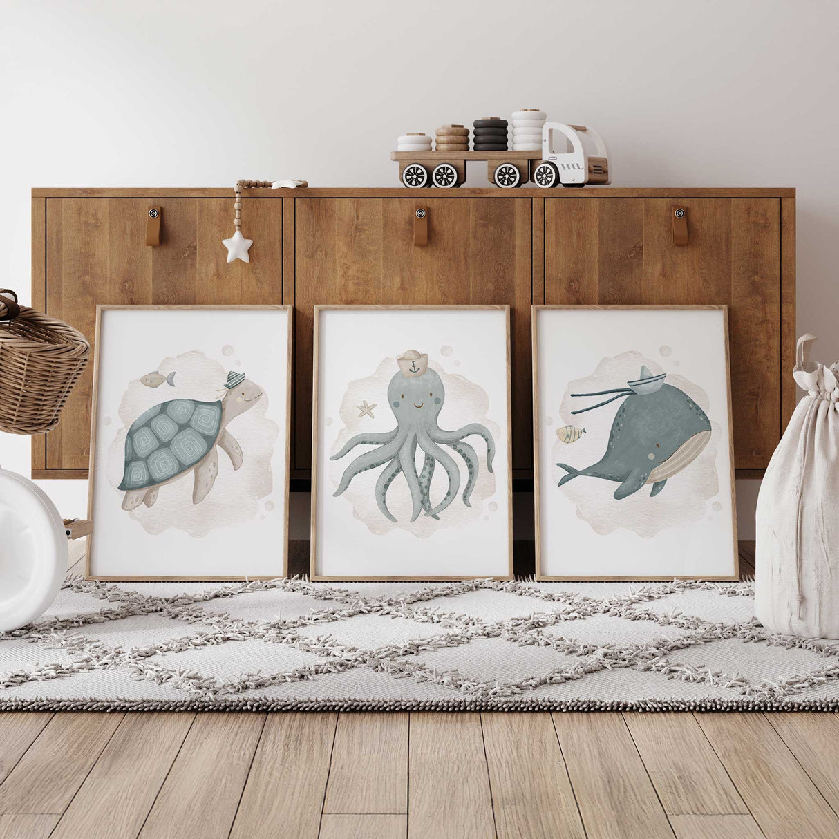 Ocean sailor animals wall art set of three prints