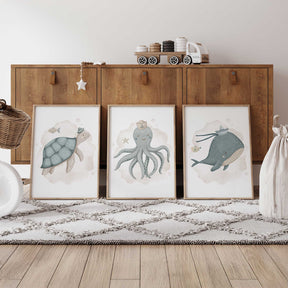 Ocean sailor animals wall art set of three prints