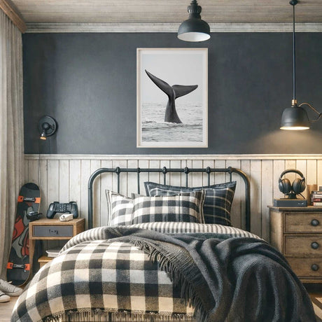 ocean themed bedroom wall art print with whale tail design