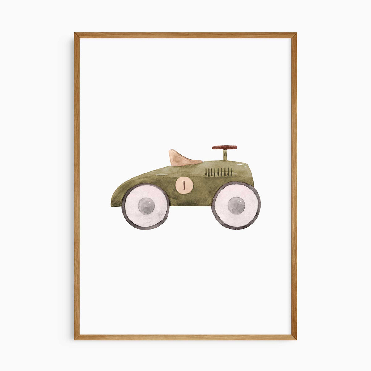 Olive green vintage toy car print with the number 1, a tan seat and large pale wheels, illustrated on white.