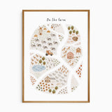 Illustrated On the Farm map print with farm animals, a tractor, barns, fields, a windmill and a duck pond.