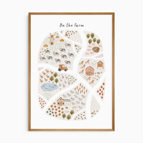 Illustrated On the Farm map print with farm animals, a tractor, barns, fields, a windmill and a duck pond.