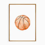 Orange watercolour basketball print with dark curved seams and a light background, part of a three-print sports set.