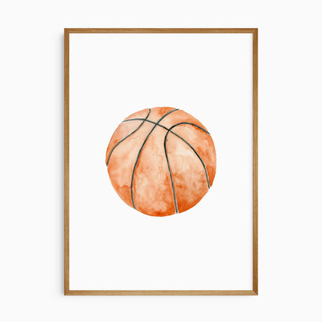 Orange watercolour basketball print with dark curved seams and a light background, part of a three-print sports set.