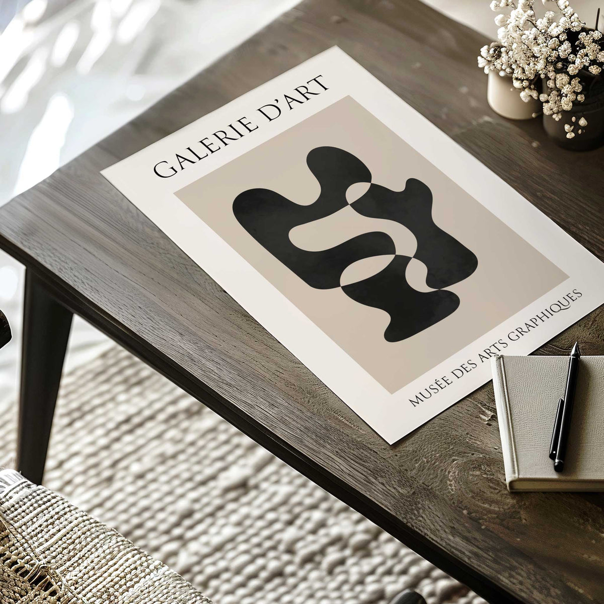 Black abstract shapes with two rounded peaks on a beige panel, surrounded by cream margins and French gallery lettering.