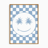 Palm tree smiley face blue checkered nursery art and surfboard smile