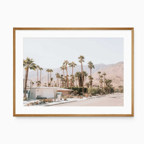 Palm Springs wall art print with palm trees and desert mountains