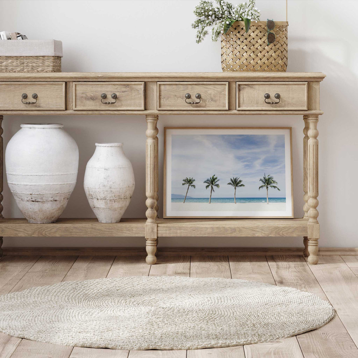 Palm tree coastal home decor print featuring a tropical shoreline with soft aqua water and white sandy beach.