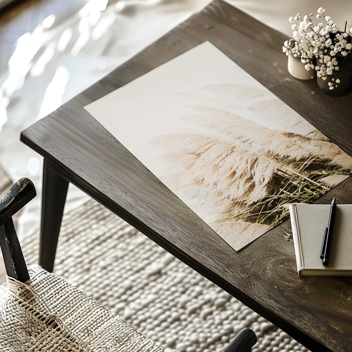 Neutral botanical wall art print featuring soft beige pampas grass in a warm minimalist style