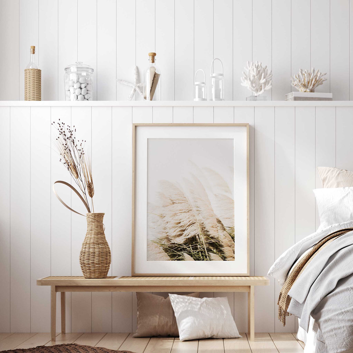 Decorative pampas grass photo in a wooden frame, perfect for modern interiors.