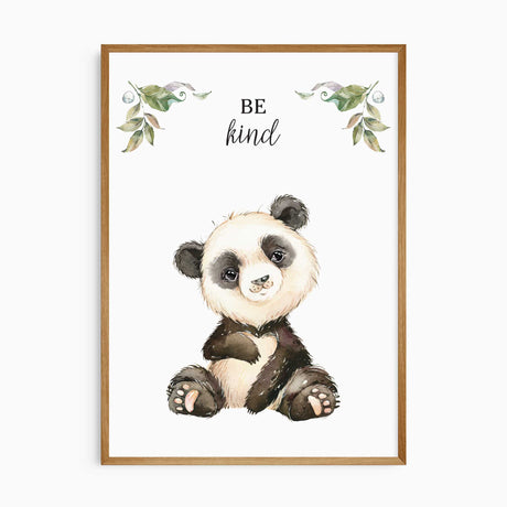 Panda nursery print with Be Kind affirmation in safari animal theme