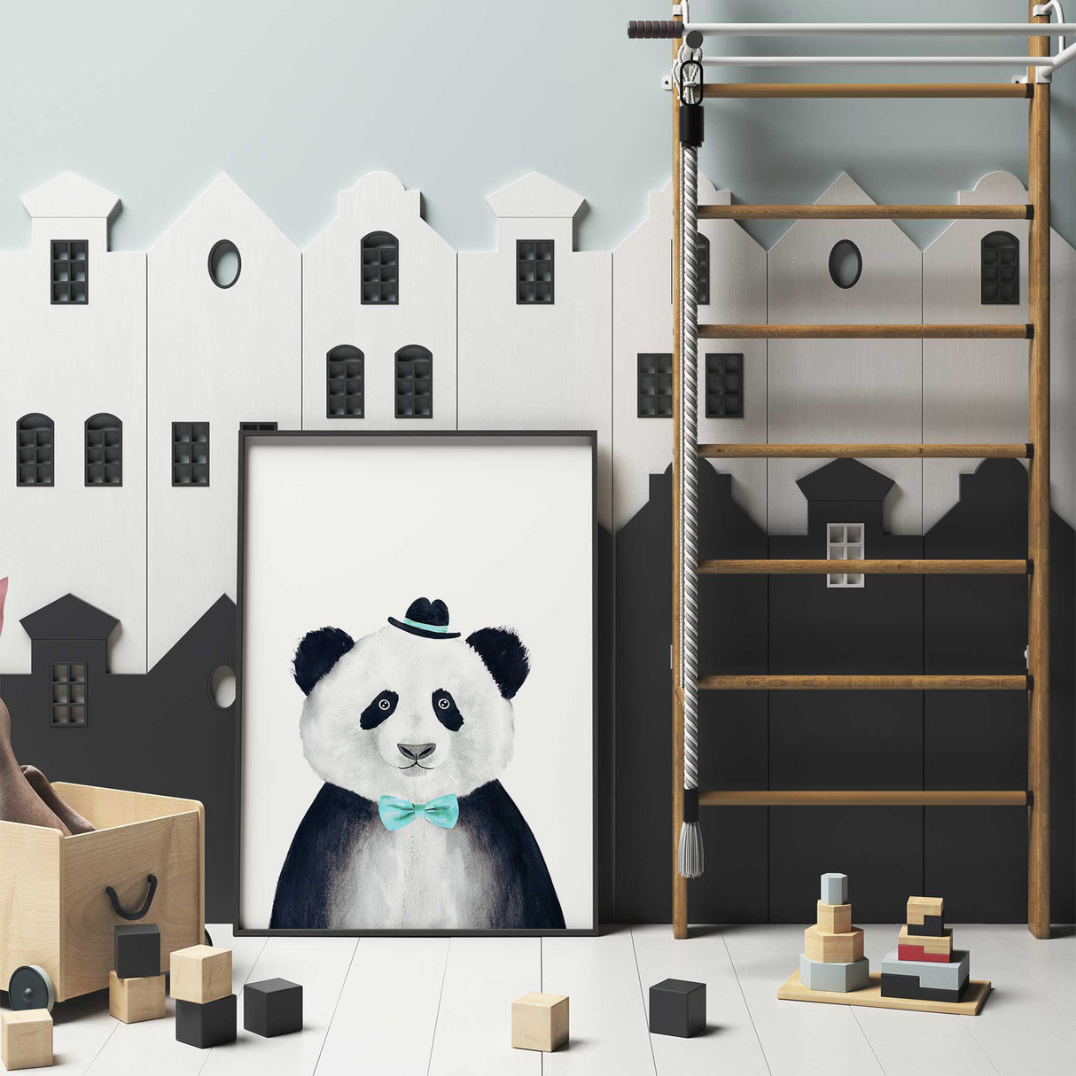 Panda nursery print with a whimsical design, ideal for baby room decoration.