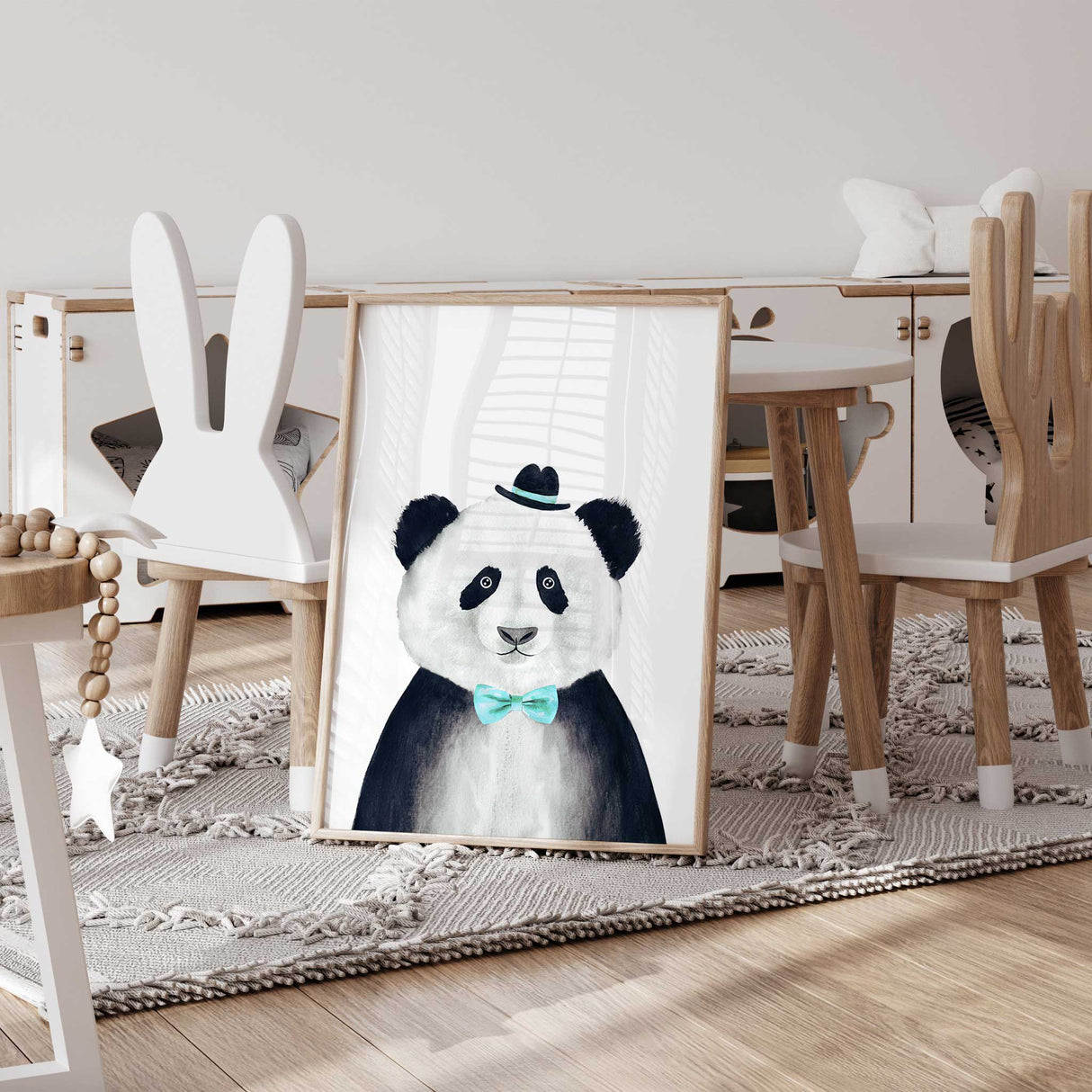 Charming panda illustration wearing a hat and bow tie, great for kids room posters.