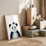 Cute panda wall art for nurseries, featuring a panda in a blue hat and bow tie.