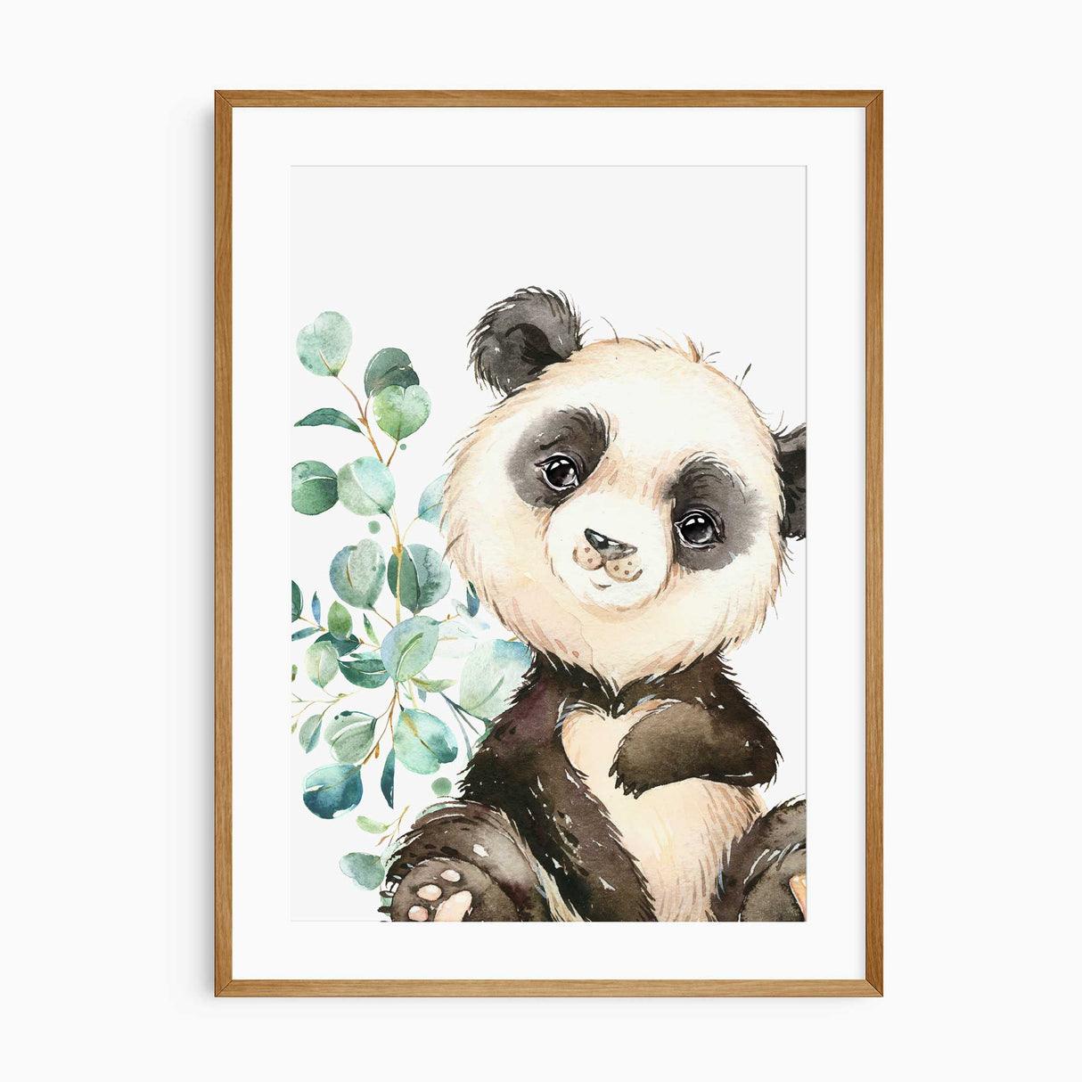 Close-up panda nursery wall art print with eucalyptus greenery for safari baby room decor