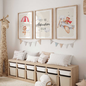 Parachute bear nursery print with a cute watercolor bear descending with a parachute, perfect for baby boy bedroom decor.